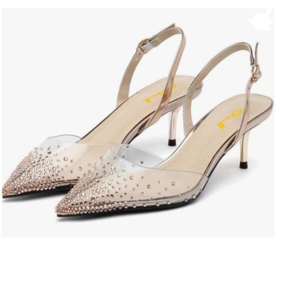 FSJ Gold Crystal Clear Pumps Rhinestones Low Heel Sandals Slingback Shoes - Picture 1 of 8